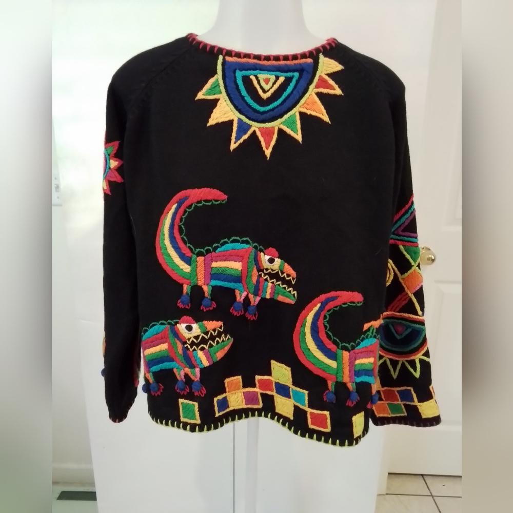 Michael Simon Colorful Embroidered Black Sweater Size Small